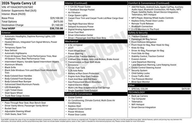 2026 Toyota Camry LE 4D Sedan