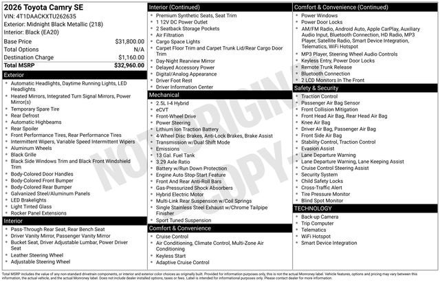 2026 Toyota Camry SE 4D Sedan